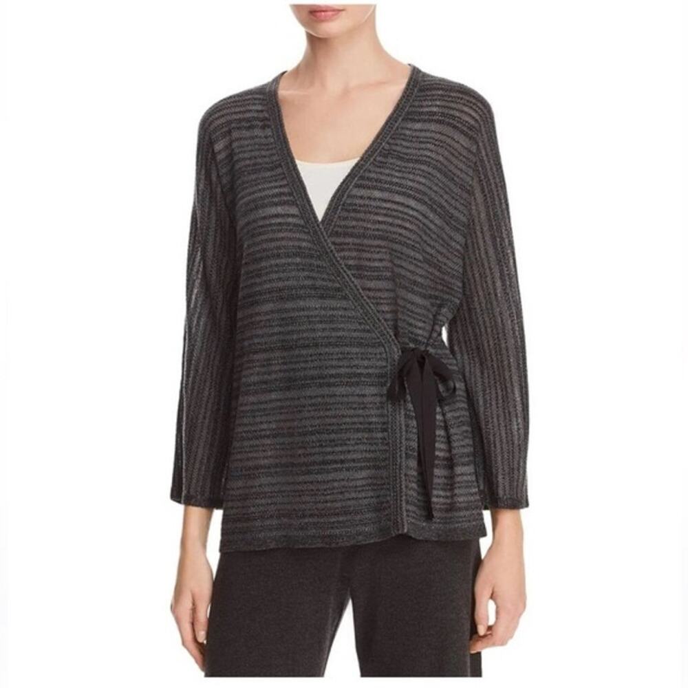 Eileen Fisher Womens Wrap Cardigan Sweater Marled Charcoal Merino Tencel Sz M